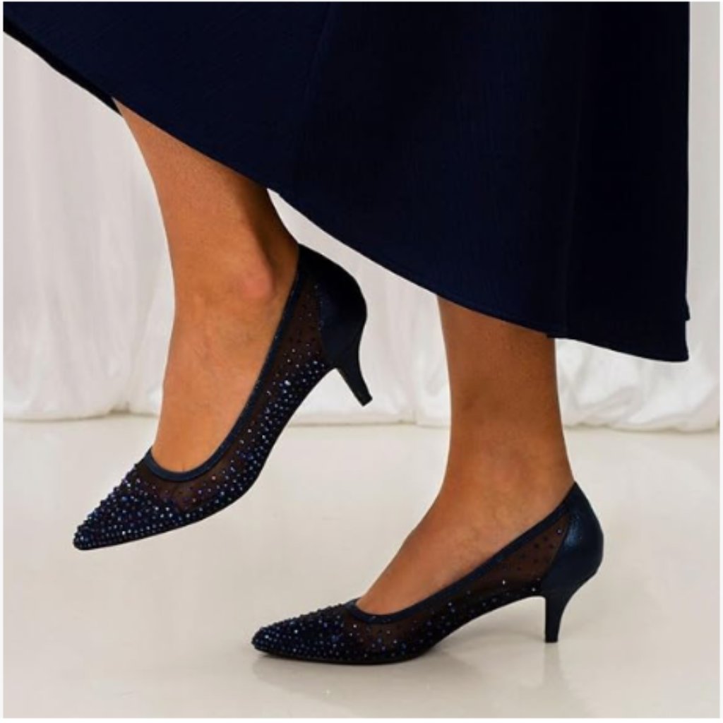 Xyd Navy Pointed Toe Slip On Mesh Pumps Rhinestone Studs Kitten Heels Shoes
